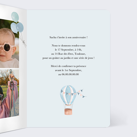 Invitation anniversaire enfant Montgolfière et Animaux Intérieur Droit
