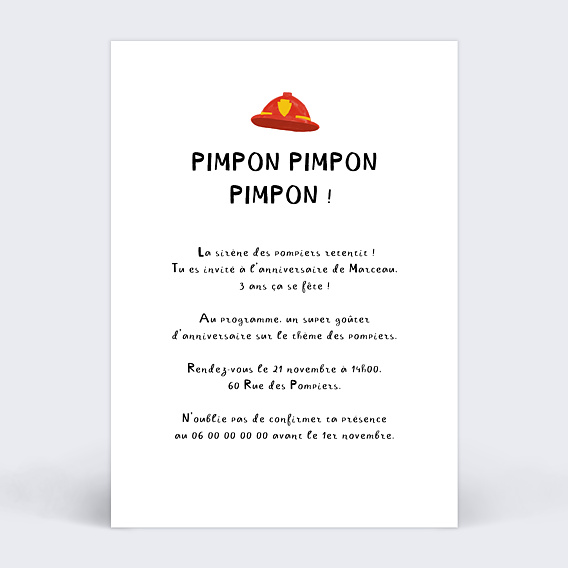 Invitation anniversaire enfant Alerte Feu Verso