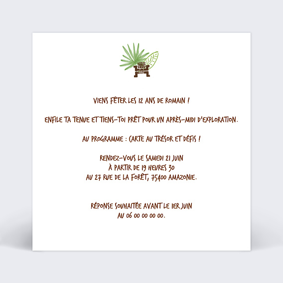Invitation anniversaire enfant Aventure Verso