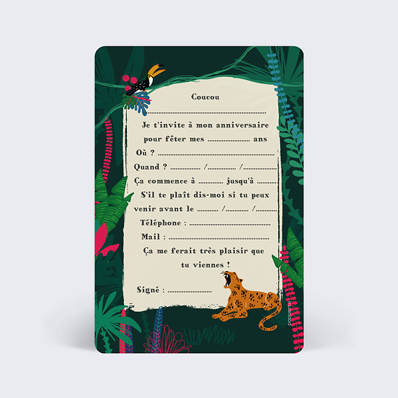 Invitation anniversaire enfant Jungle Tropicale Verso