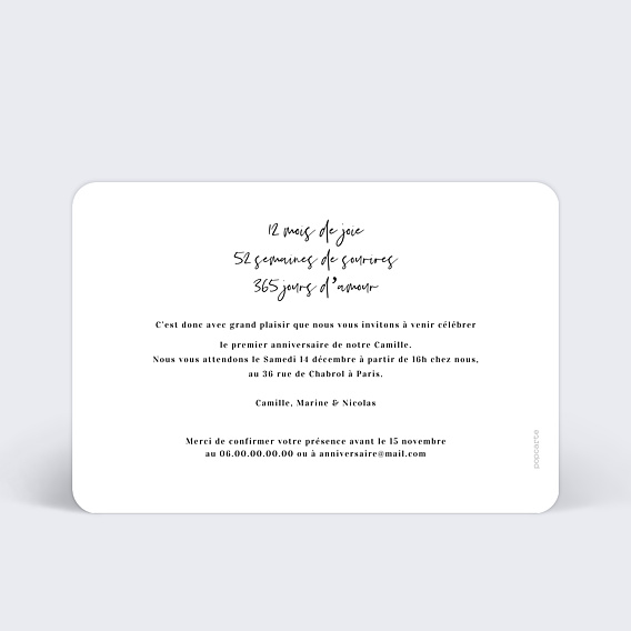 Invitation anniversaire enfant Charme Classique Verso