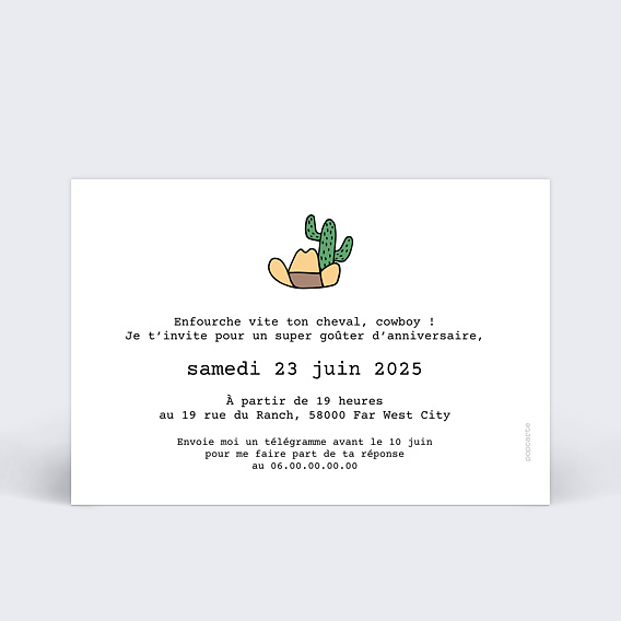 Invitation anniversaire enfant Cowboy Verso