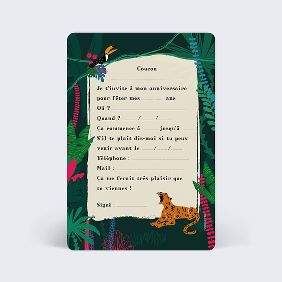 Carte d'invitation anniversaire enfant animaux de la jungle - Fête