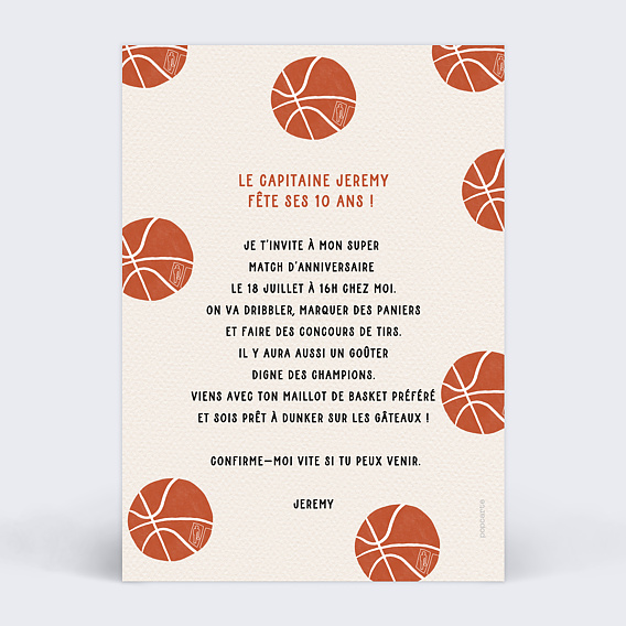 Invitation anniversaire enfant Champion Basketball Verso