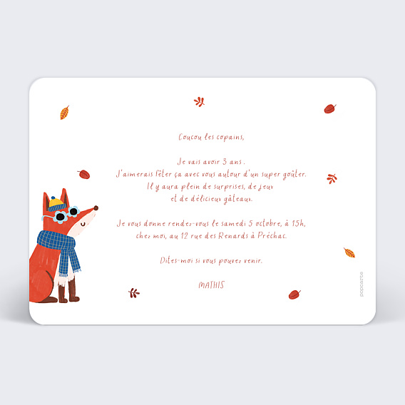 Invitation anniversaire enfant Renard Garçon Verso