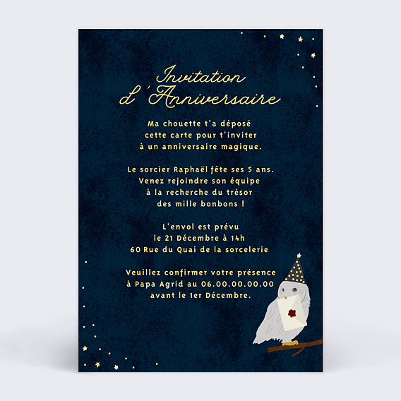 Invitation anniversaire enfant Petit Sorcier Verso