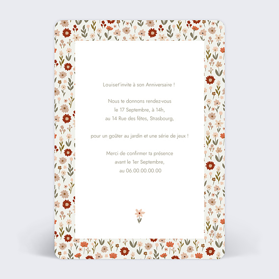 Invitation anniversaire enfant Liberty Automne Verso