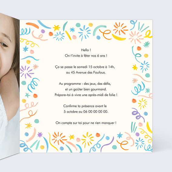 Invitation anniversaire enfant Duo Intérieur Droit