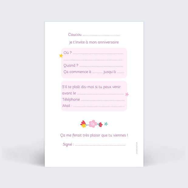 Carte d'invitation anniversaire Licorne arc en ciel photo Verso