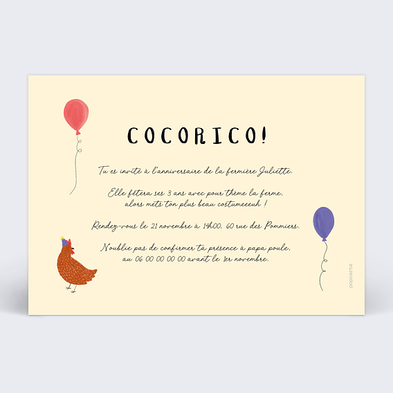 Invitation anniversaire enfant Petite Ferme Verso