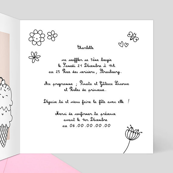Invitation anniversaire enfant Coloriage Licorne Intérieur Droit