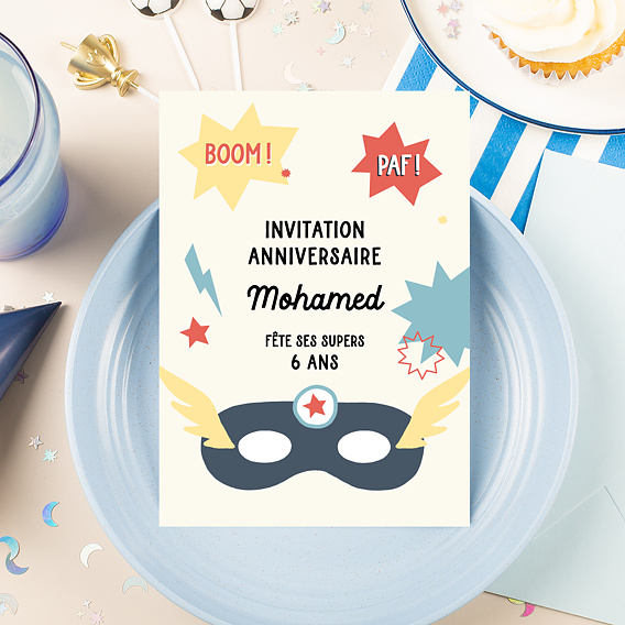 Invitation anniversaire enfant Super Masque Après 4