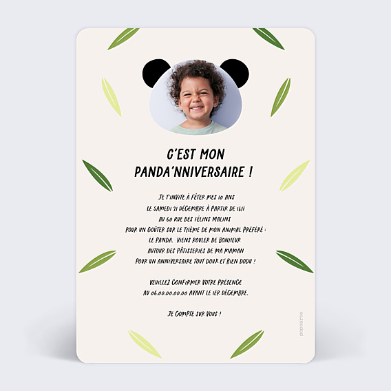 Invitation Anniversaire Enfant Panda souriant