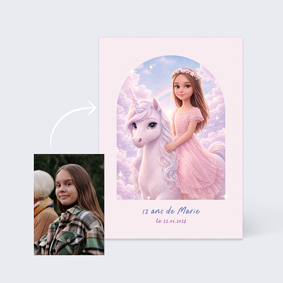 Invitation anniversaire enfant Portrait avec licorne Après 1