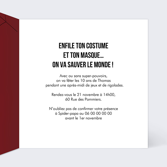 Invitation anniversaire enfant Masque Araignée Intérieur Droit