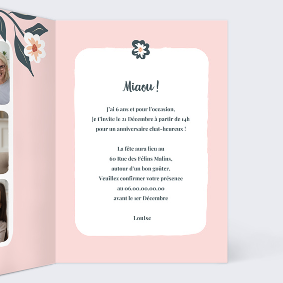 Invitation anniversaire enfant Petit Chat Intérieur Droit
