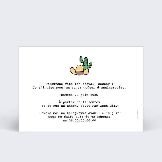 Invitation anniversaire enfant Cowboy Verso