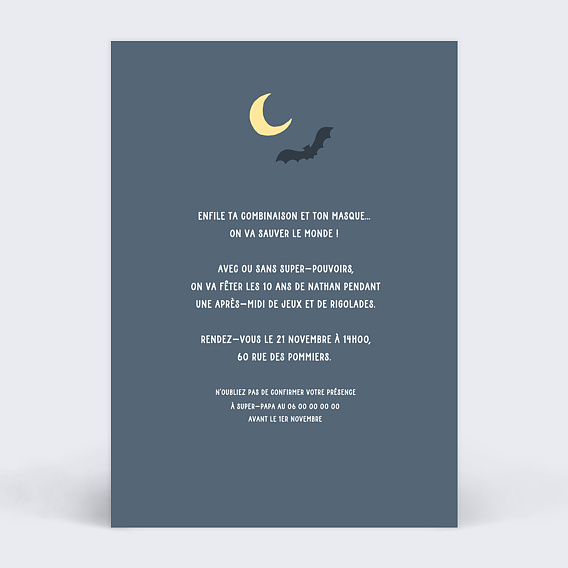 Invitation anniversaire enfant Ville de Super Héros Verso