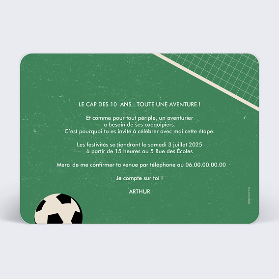 Invitation anniversaire enfant Billet de Foot Verso