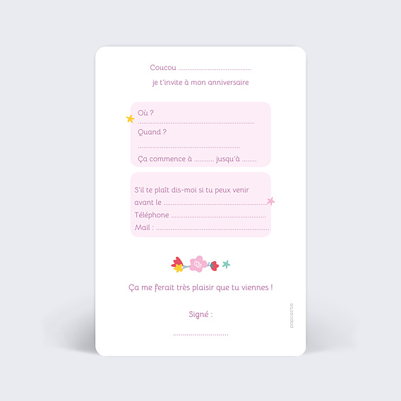 Invitation anniversaire enfant Licorne arc en ciel Verso