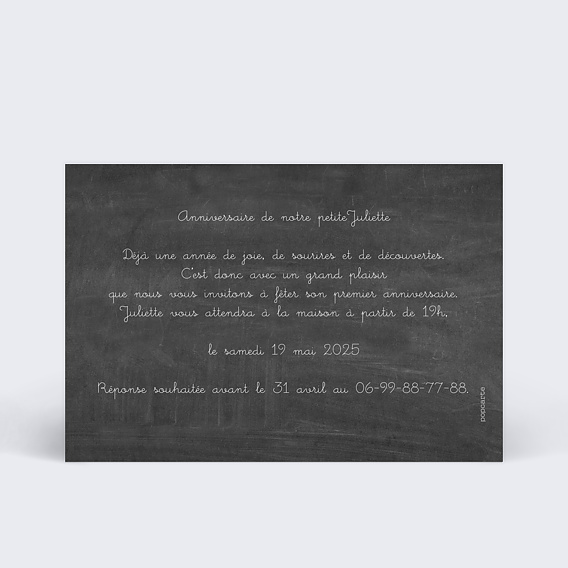 Invitation anniversaire enfant Ardoise Élégante Verso