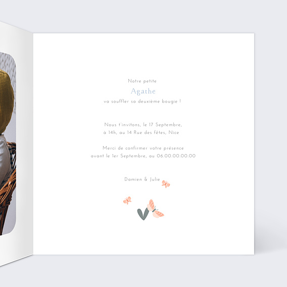 Invitation anniversaire enfant Papillons Intérieur Droit