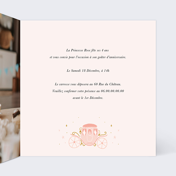 Invitation anniversaire enfant Princesse Carrosse Intérieur Droit