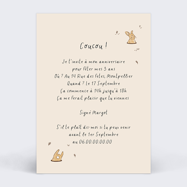 Invitation Anniversaire Enfant Lapin dans son Terrier Verso