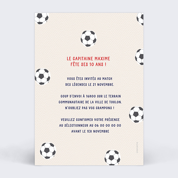 Invitation anniversaire enfant La Coupe des Champions Verso