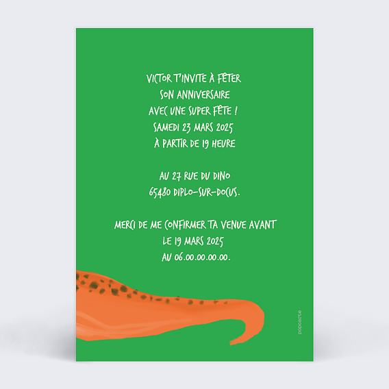 Invitation anniversaire enfant Féroce Verso