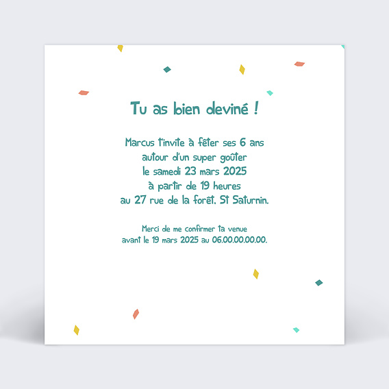 Invitation anniversaire enfant Rébus Cerf Verso