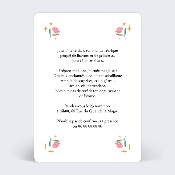 Invitation anniversaire enfant Licorne Rose Verso