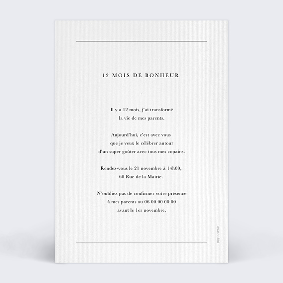 Invitation anniversaire enfant Première Année Verso