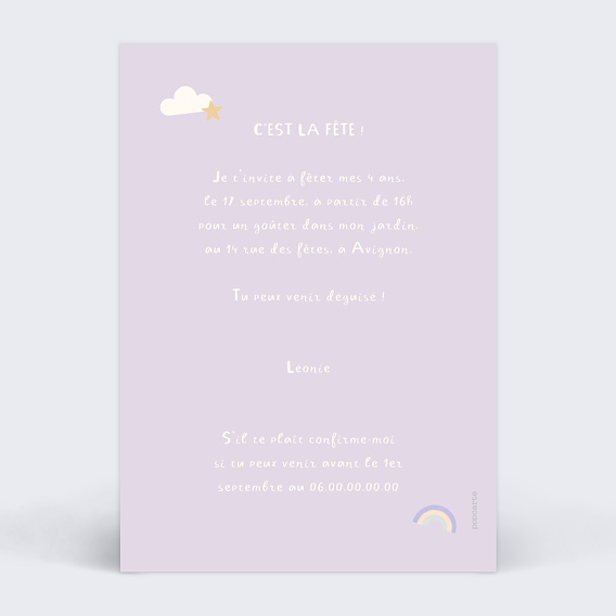 Invitation anniversaire enfant Gâteau licorne magique Verso