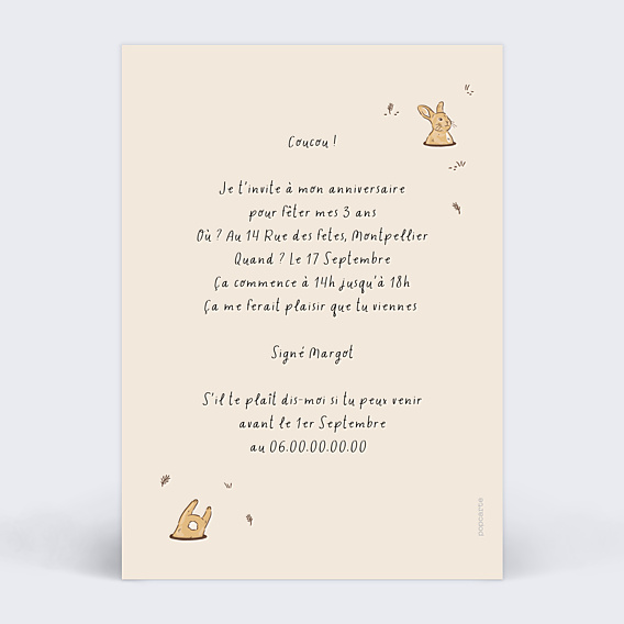 Invitation Anniversaire Enfant Lapin dans son Terrier