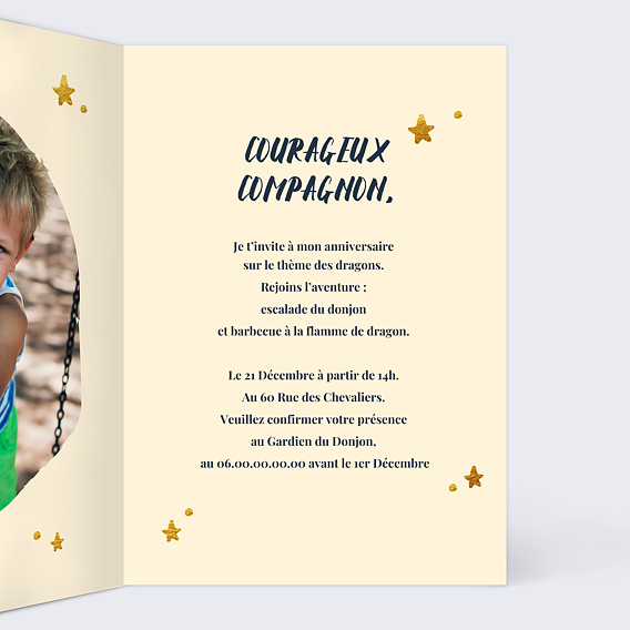 Invitation anniversaire enfant Dragon Photo Intérieur Droit
