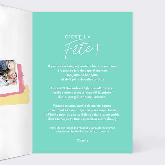 Invitation anniversaire enfant Gâteau d'Anniversaire Intérieur Droit