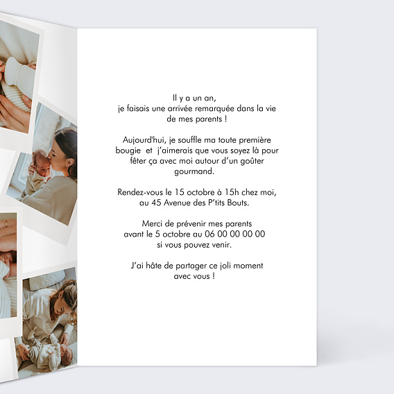 Invitation anniversaire enfant Pèle-Mêle Polaroïd Intérieur Droit