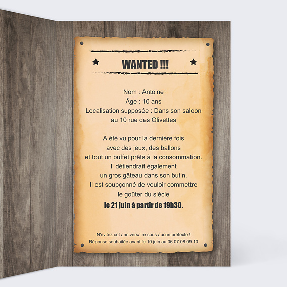Invitation anniversaire enfant Wanted Intérieur Droit