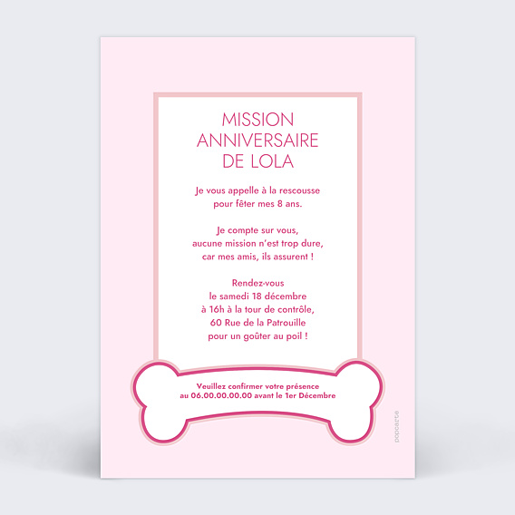 Invitation Anniversaire Enfant Patrouille party rose
