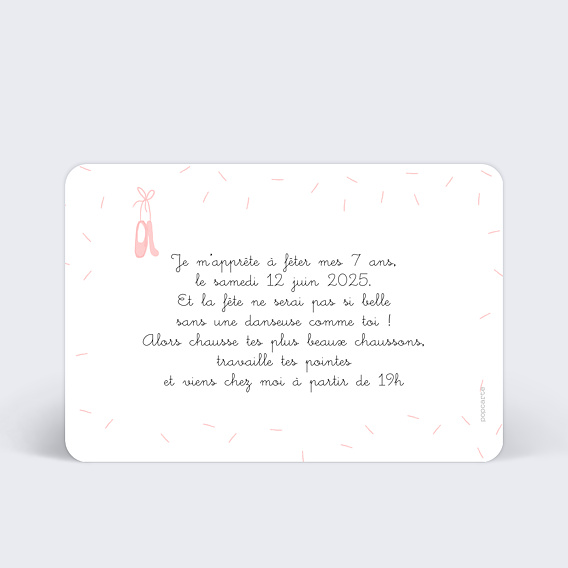 Invitation anniversaire enfant Danseuse Verso