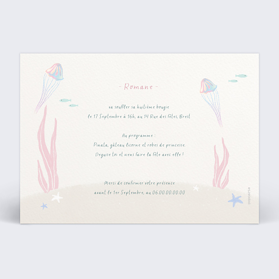 Invitation anniversaire enfant Monde des Sirènes Verso