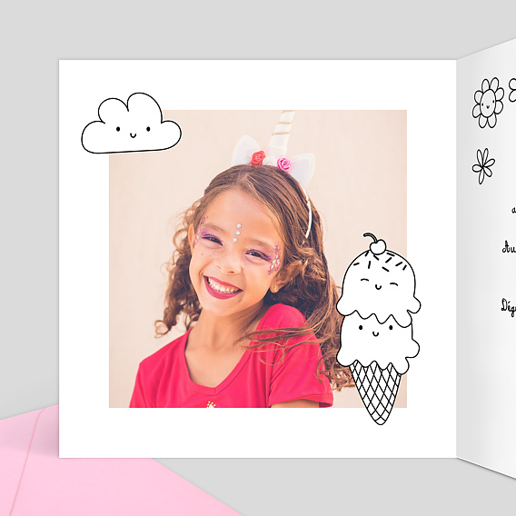 Invitation anniversaire enfant Coloriage Licorne Intérieur Gauche