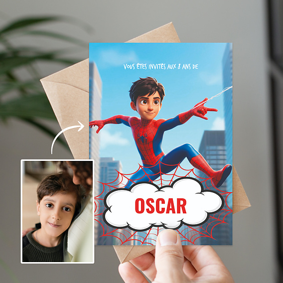 Invitation Anniversaire Enfant Portrait en super héros araignée