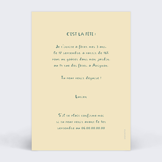 Invitation anniversaire enfant Gâteau dino Verso