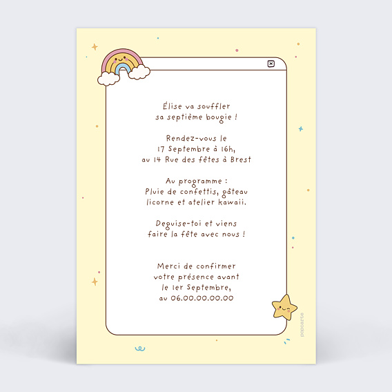 Invitation anniversaire enfant Animaux kawaii Verso