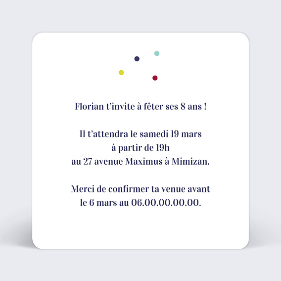 Invitation anniversaire enfant Confetti Verso