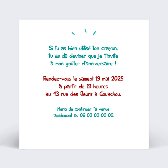 Invitation anniversaire enfant Dessin Verso