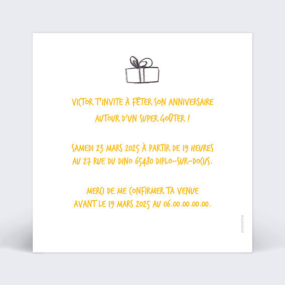 Invitation anniversaire enfant Dinosaure Verso
