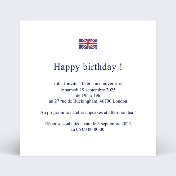 Invitation anniversaire enfant London Verso